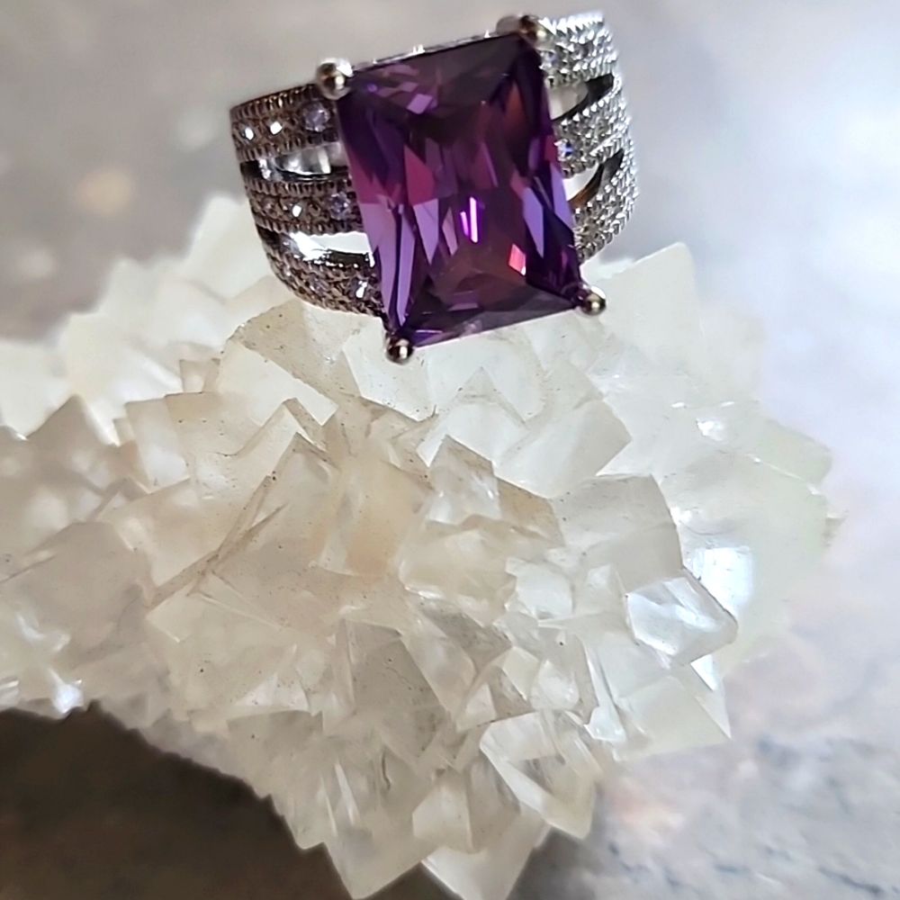 Radiant Cut Amethyst CZ Statement Ring
